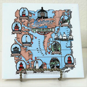 VTG Lighthouses of Virginia Wall Tile Trivet Cork Traub Tall Ships 6x6 Signed